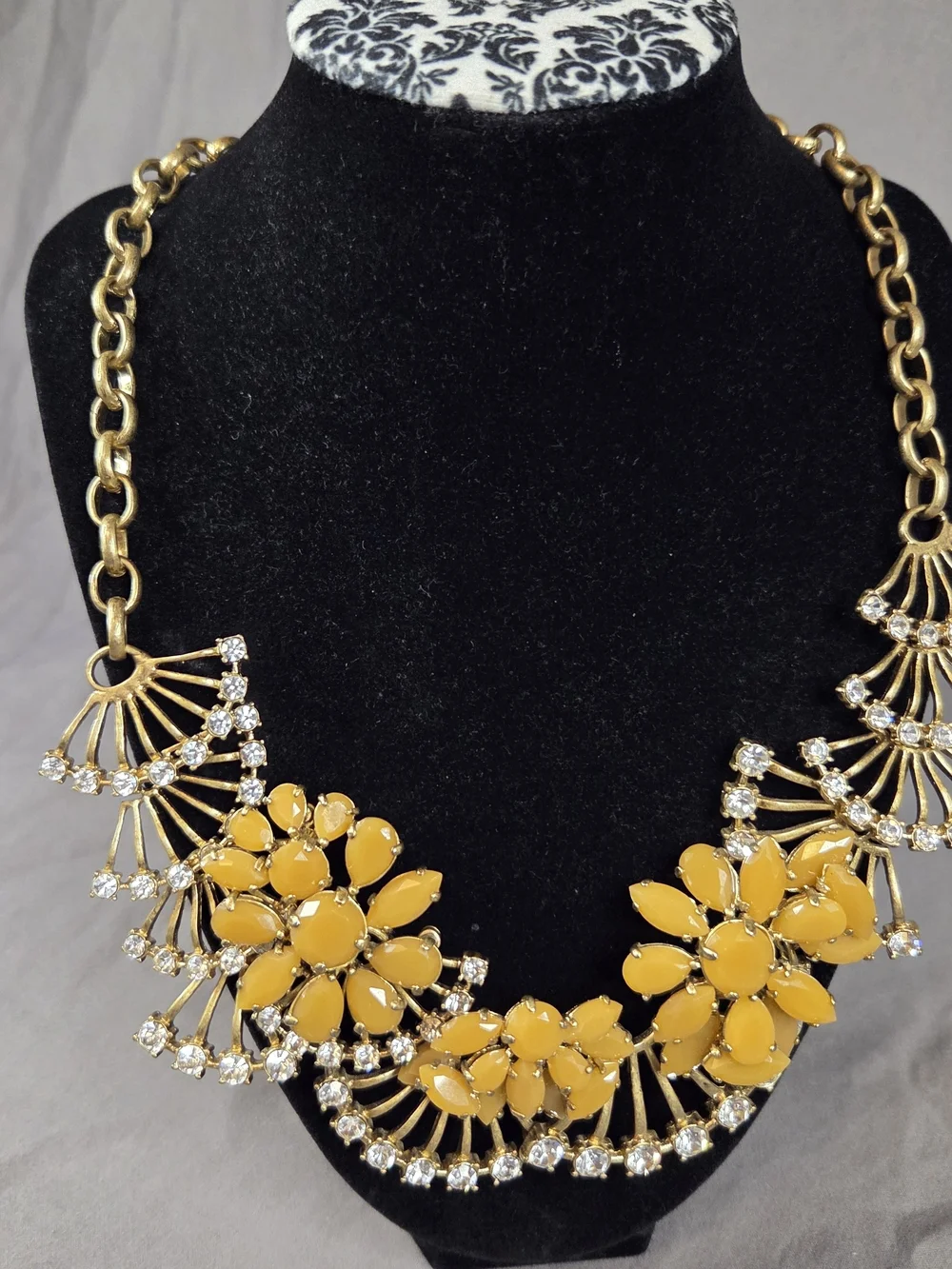 Vintage J.Crew Crystal Blizard Statement Necklace, Yellow Floral Rhinestone Bib